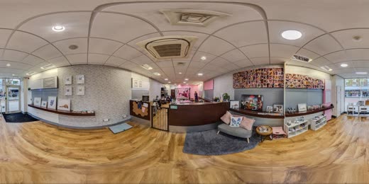 The pink treatment area of the grooming salon
